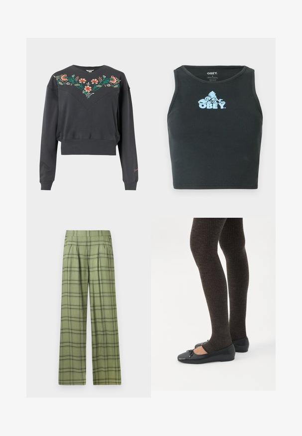 Sudadera corta de manga larga en gris oscuro con puños y bajo acanalados, con bordados florales coloridos en el pecho y los hombros.; Top de tanque corto de algodón negro con canalé que presenta un logo gráfico azul claro centrado en el pecho. Diseño sin mangas con cuello redondo.; Pantalones de pierna ancha en verde con un patrón de cuadros en negro, cintura alta, pliegues frontales y bolsillos laterales.; Piernas con leggings oscuros acanalados combinados con bailarinas negras que presentan pequeños detalles de lazo sobre un fondo blanco.