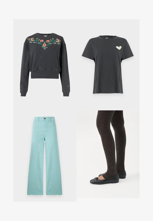 Mørkegrå langærmet cropped sweatshirt med ribstrikkede manchetter og kant, med farverig blomsterbroderi over bryst og skuldre.; Sort kortærmet T-shirt med rund hals og lille hvidt hjerteformet motiv på venstre bryst.; Bredde bukser lavet af lyseblå stof med en frynset kant. Har en knaplukning og standard lommer. Glat tekstur hele vejen igennem.; Ben iført mørke ribbede leggings kombineret med sorte balletsko med små sløjfedetaljer på hvid baggrund.