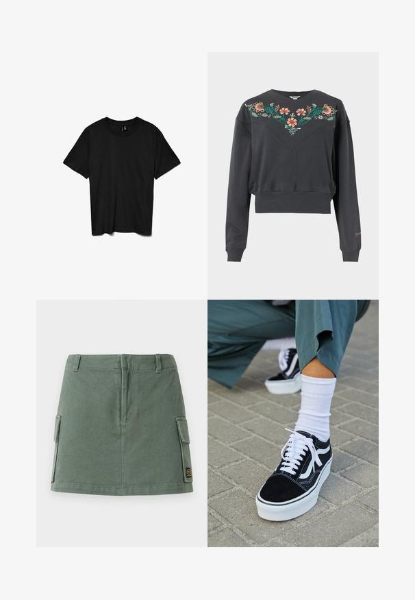Mørkegrå langærmet cropped sweatshirt med ribstrikkede manchetter og kant, med farverig blomsterbroderi over bryst og skuldre.; Sort t-shirt med korte ærmer og rund hals, ensfarvet design, lagt fladt på en hvid baggrund.; Grøn denimnederdel med en tætsiddende talje, to sidelommer og et mærke nederst til højre. Glat tekstur med en subtil glans.; Sorte ruskinds sneakers med hvide accenter og snørebånd, der har en tyk hvid sål og kontrasterende syninger, parret med en hvid sok.
