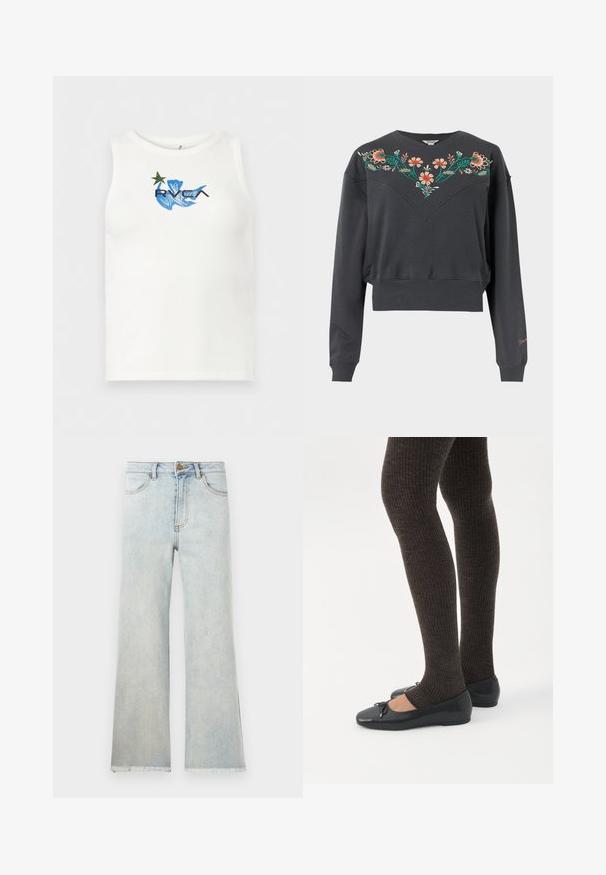 Sweat-shirt court gris foncé à manches longues avec poignets et ourlet côtelés, arborant une broderie florale colorée sur la poitrine et les épaules.; Débardeur blanc sans manches avec un motif abstrait bleu, une étoile verte, et le logo noir "RVCA" centré sur la poitrine.; Jean droit taille haute bleu clair avec poches avant, fermeture à boutons et ourlets effilochés sur fond blanc.; Jambes portant des leggings côtelés foncés associés à des ballerines noires avec de petits détails en nœud sur fond blanc.