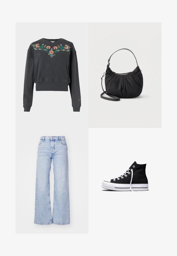 Dunkelgraues, langärmeliges, verkürztes Sweatshirt mit gerippten Bündchen und Saum, das bunte Blumenstickereien über Brust und Schultern aufweist.; Roxy MILLA - Wide Leg - glacier; Schwarzer High-Top-Canvas-Sneaker mit weißer Gummisohle und weißen Schnürsenkeln, seitlich dargestellt vor weißem Hintergrund.; Schwarze Handtasche in halbmondförmigem Design mit kurzem Griff und abnehmbarem langen Träger, ausgestattet mit einem oberen Reißverschluss und weichem, leicht gerafftem Stoff.