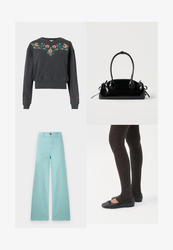 Mørkegrå langærmet cropped sweatshirt med ribstrikkede manchetter og kant, med farverig blomsterbroderi over bryst og skuldre.; Bredde bukser lavet af lyseblå stof med en frynset kant. Har en knaplukning og standard lommer. Glat tekstur hele vejen igennem.; Ben iført mørke ribbede leggings kombineret med sorte balletsko med små sløjfedetaljer på hvid baggrund.; Lille sort blank håndtaske med to lange håndtag og snøre-detaljer i siden på en ensfarvet lys baggrund.