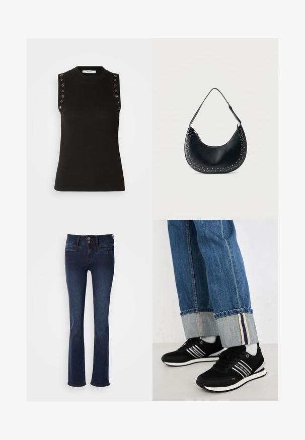 Haut noir sans manches avec un col montant, une texture côtelée et des œillets argentés le long des coutures des épaules.; Jeans en denim bleu foncé avec un design à jambes évasées, dotés d'une fermeture à bouton et de poches avant. Texture lisse avec des détails de couture minimaux.; Baskets noires avec des rayures blanches, assorties à un jean en denim bleu avec un revers replié et une doublure intérieure contrastante. Semelle souple, design minimaliste.; Sac bandoulière croissant en cuir noir avec des clous argentés le long des bords et une sangle ajustable sur fond blanc.