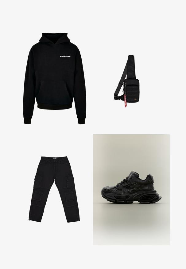 Zwarte hoodie gemaakt van zachte stof. Heeft een kangoeroezak, ribgebreide onderrand en manchetten, en kleine witte logo tekst op de borst.; Zwarte cargobroek van duurzaam materiaal, met meerdere cargozakken, ritsenkoppen en rechte benen met subtiele stikseldetails.; Zwarte chunky sneaker met textuurontwerp, dikke zool en vetersluiting, weergegeven tegen een eenvoudige neutrale achtergrond.; Zwarte schoudertas gemaakt van gestructureerde stof. Heeft een hoofdvak met rits, een voorvak met band, een verstelbare riem en een decoratief label.