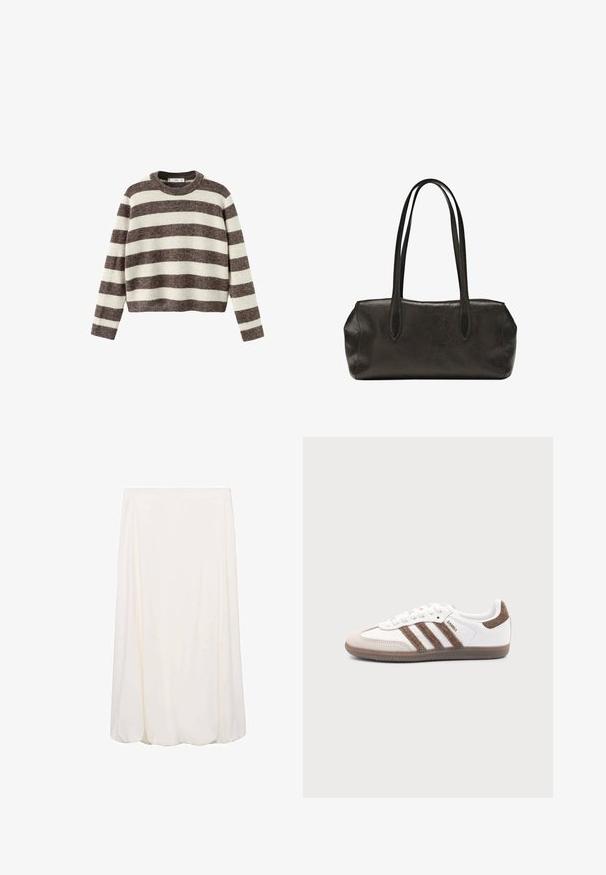 Pull-over rayé crème et marron foncé. Col rond côtelé, manches longues et ourlet court. Texture douce avec une coupe décontractée.; Jupe blanche mi-longue avec un design fluide et une texture douce. Style simple sans motifs visibles ni détails en métal.; Baskets Adidas Samba blanches avec des bandes en daim marron, semelle en caoutchouc marron et bout en daim beige, vues du côté extérieur sur un fond uni.; Sac à main rectangulaire en cuir noir avec longues bretelles doubles et finition texturée, présenté sur un fond blanc uni.