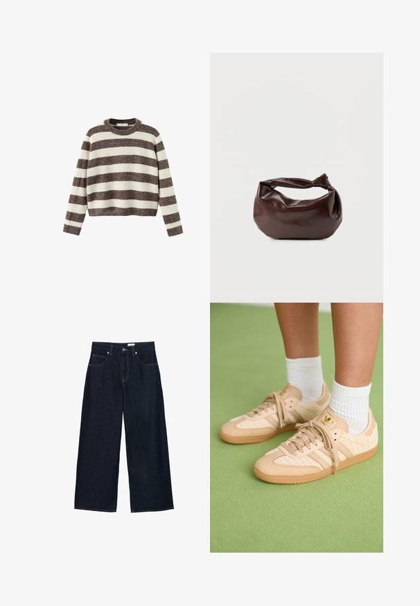 Stripet pullover sweater i creme og mørkebrun. Ribstrikket rund hals, lange ærmer og en kortet kant. Blød tekstur med en afslappet pasform.; Bredbenede mørk denimjeans med høj talje, der har fem lommer, kontrastsyninger og lukning med knap foran.; Fødder iført beige vævede Adidas sneakers med gummisåler og hvide ankelsokker på en grøn struktureret gulv.; Mørkebrun læder skuldertaske med en blød, afslappet form og et snoet knudehåndtag på en ensartet hvid baggrund.
