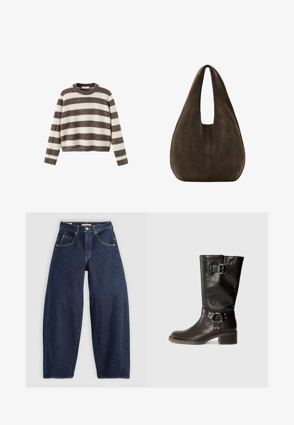 Gestreepte trui in crème en donkerbruin. Geribbelde ronde hals, lange mouwen en een cropped zoom. Zachte textuur met een ontspannen pasvorm.; Donkerblauwe denim jeans met een losse fit, lichte stiksels, vijf zakken en een knoopsluiting op de taille.; Bruine leren kniehoge laars met een ronde neus, een detailsluiting aan de zijkant en een chunkyzool. Gladde textuur met metallic accenten op de band.; Zachte donkerbruine suède hobo tas met een brede enkele schouderriem en afgeronde onderkant op een witte achtergrond.