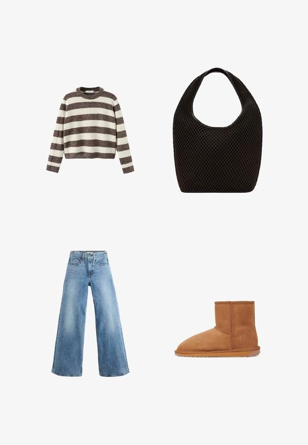 Stripet pullover sweater i creme og mørkebrun. Ribstrikket rund hals, lange ærmer og en kortet kant. Blød tekstur med en afslappet pasform.; Levi's® 728 HR WIDE LEG HEADWINDS AHEAD. - Wide leg - headwinds ahead; Tan ruskinds ankelstøvle med rund tå, lodrette sømme og en tekstureret gummisål. Har et logo-accent på bagsiden.; Sort åbenvævet mesh-tote med rundet topgreb og bredt, buet kropsdesign.