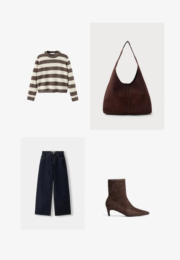 Pull-over rayé crème et marron foncé. Col rond côtelé, manches longues et ourlet court. Texture douce avec une coupe décontractée.; Jean large en denim bleu foncé à taille haute, avec cinq poches, des coutures contrastées et des éléments en métal argenté. Texture lisse et finition soignée.; Bottine en daim marron avec un bout pointu et un talon fin. Présente une texture lisse et un design haut.; Sac hobo en daim marron avec une grande ouverture courbée et une large bandoulière. Présente une couture centrée à l'avant. Texture lisse.