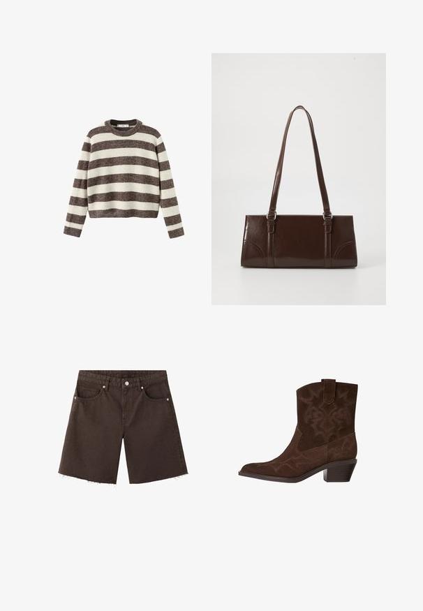 Stripet pullover sweater i creme og mørkebrun. Ribstrikket rund hals, lange ærmer og en kortet kant. Blød tekstur med en afslappet pasform.; Mørkebrune denimshorts med frynsede kanter, frontknap, lynlås, bæltestropper og design med fem lommer.; Brune ruskinds cowboystøvle med spids tå, dekorative syninger, ankelhøjde og en stablet hæl. Har en pull tab for nem påtagning.; Brun lakeret håndtaske med rektangulær form, to lange håndtag og subtile buede detaljer på fronten.