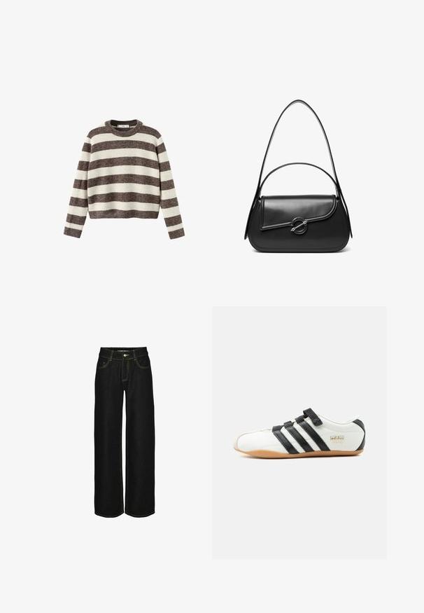 Stripet pullover sweater i creme og mørkebrun. Ribstrikket rund hals, lange ærmer og en kortet kant. Blød tekstur med en afslappet pasform.; Sorte wide-leg jeans lavet af denim med kontrasterende gul syning. Har en knaplukning og flere lommer.; Hvid Adidas Tokyo sneaker med sorte striber, sorte velcro-stropper og gummisål, vist fra siden på en hvid baggrund.; Sort skuldertaske i læder med en buet klap, der er fastgjort med en rund metal spænde, og en slank, justerbar rem.