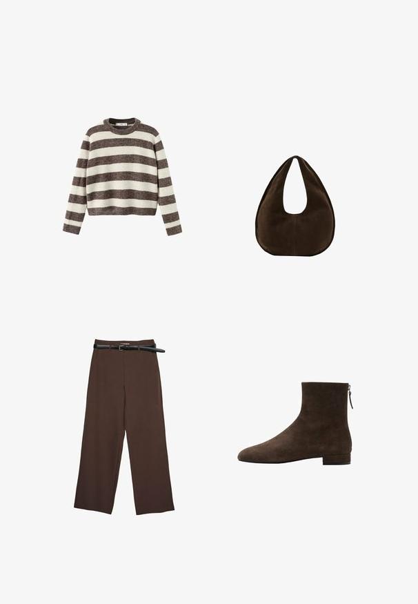 Pull-over rayé crème et marron foncé. Col rond côtelé, manches longues et ourlet court. Texture douce avec une coupe décontractée.; Pantalons larges marron avec une texture lisse, dotés d'une ceinture noire et d'une taille ajustée, offrant une coupe structurée.; Bottine en suède marron avec un bout effilé, un petit talon carré et une fermeture éclair à l'arrière pour un enfilage facile. Texture douce.; Sac à main en daim marron foncé en forme de croissant avec une seule sangle large et une texture lisse sur fond blanc.