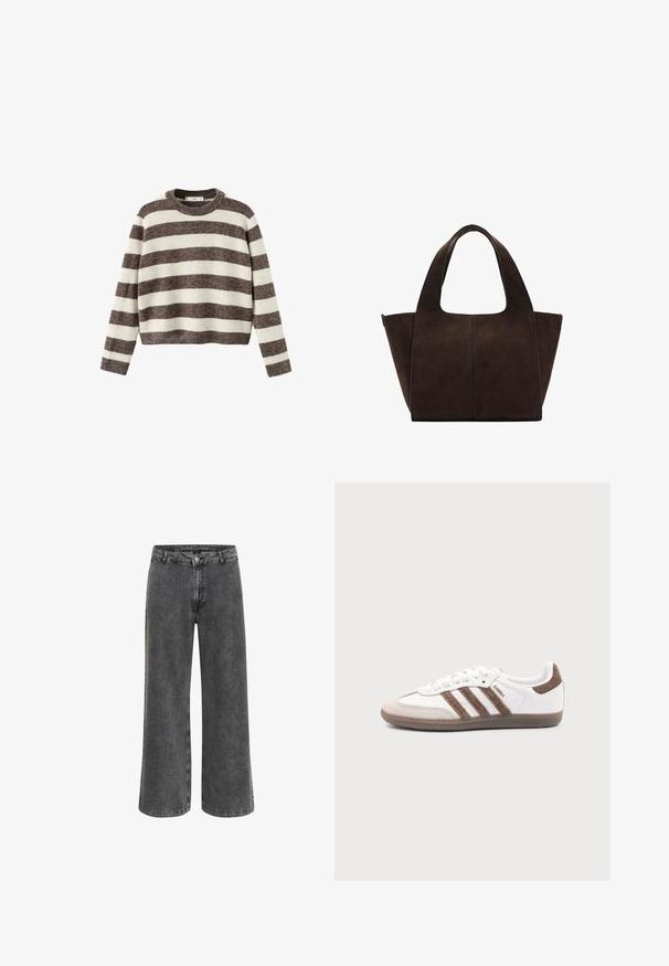 Stripet pullover sweater i creme og mørkebrun. Ribstrikket rund hals, lange ærmer og en kortet kant. Blød tekstur med en afslappet pasform.; Bredde bukser i falmet sort denim med en klassisk knaplukning, fem lomme-design og en let tekstureret finish.; Hvid Adidas Samba sneaker med brune ruskindstriber, brun gummisål og beige ruskindståhætte, vist fra ydersiden på en ensfarvet baggrund.; Mørkebrunt ruskind shopper med brede skulderstropper og trapezform, med en central søm og glat tekstur.