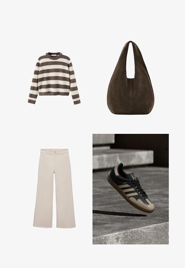Stripet pullover sweater i creme og mørkebrun. Ribstrikket rund hals, lange ærmer og en kortet kant. Blød tekstur med en afslappet pasform.; Beige brede jeans med høj talje, lavet af denimstof. Har en rå kant forneden samt en frontknap og lynlås lukning.; Sort og beige lædersneaker med tre hvide striber, tanfarvet gummisål og gyldent "Samba"-detalje på siden.; Blød, mørkebrun ruskind hobo-taske med en bred enkelt strop og rundet bund på hvid baggrund.
