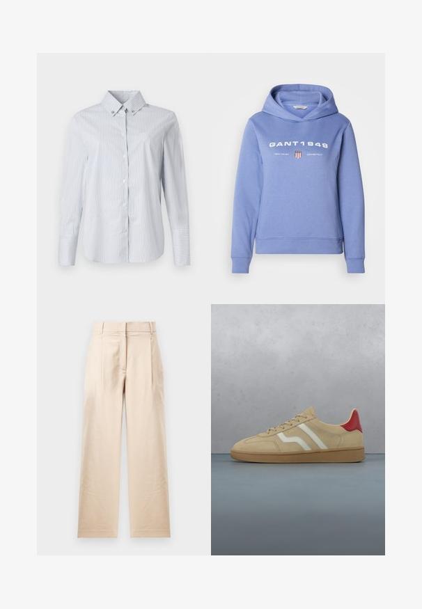 Sweat à capuche bleu clair en tissu doux, doté d'une poche kangourou, de poignets côtelés et d'une impression graphique avec "GANT1949" et un emblème de bouclier.; Chemise à rayures bleues claires et blanches, avec un col pointu, des manches longues et un petit logo brodé sur la poitrine.; Pantalon beige en tissu lisse. Présente une coupe droite, un devant plat et deux plis. Sans motifs visibles ni accessoires.; Baskets en daim beige avec un accent rouge au talon, des bandes blanches et une semelle en caoutchouc texturée beige clair. Muni de lacets et d'un intérieur lisse.