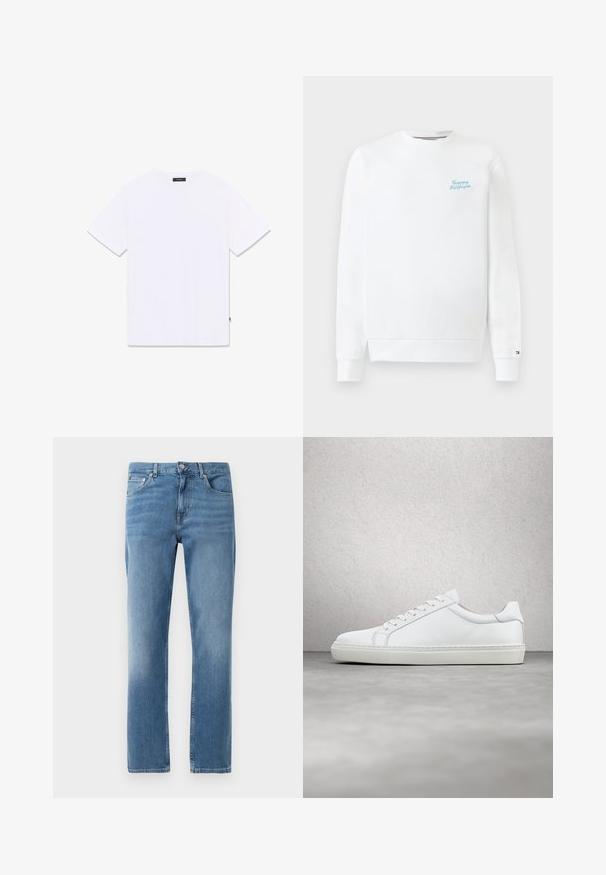 Sweatshirt blanc à manches longues et col rond avec un petit logo turquoise "Tommy Hilfiger" sur la poitrine et un minuscule emblème de drapeau sur le poignet gauche.; T-shirt blanc à manches courtes et col rond, présenté à plat de dos, avec une petite étiquette noire à l'encolure et à la couture latérale.; Jean en denim bleu clair avec des jambes droites, cinq poches et un système de fermeture devant avec un bouton en métal. Décoloration visible sur les cuisses et l'ourlet.; Sneaker blanche avec une tige en cuir lisse et un profil bas. Présente un bout arrondi, six œillets et une semelle en caoutchouc texturé.