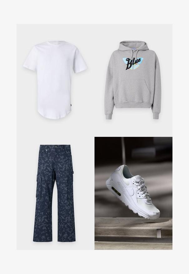 Grijze hoodie met een voorzak in kangoeroe-stijl, een trekkoordkap en een vlindergrafiek met het woord "Blauw" in het zwart.; Witte katoenen t-shirt met korte mouwen. Rond de hals ontwerp met een gebogen zoom. Label zichtbaar aan de onderste linkerzijde. Gladde textuur.; Sean John SCRIPT LOGO CAMOUFLAGE - Cargobroek - blue; Witte Nike Air Max 90 sneaker met een bovenwerk van mesh en leer, een geperforeerde teenbox en een zichtbare luchtunit in de hiel.