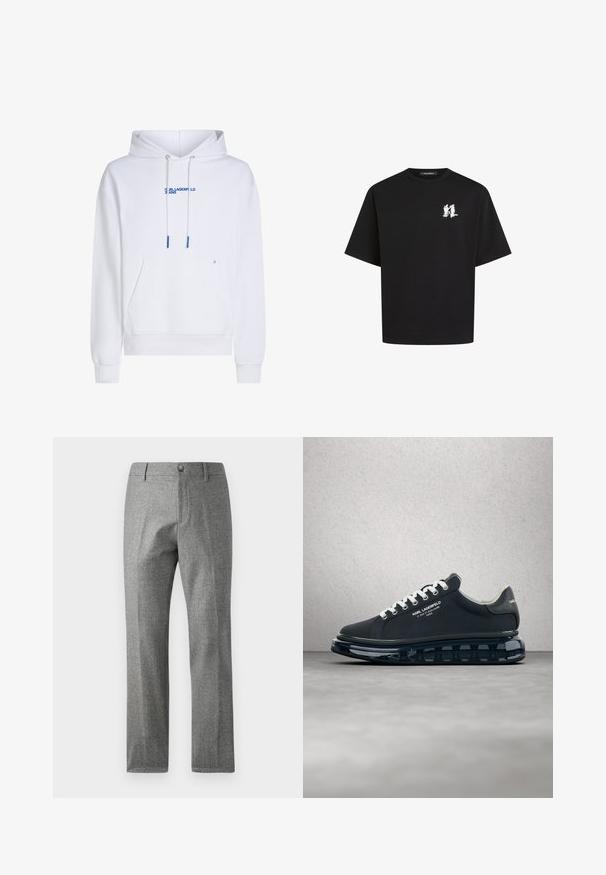 Sudadera con capucha blanca con un bolsillo frontal, cordones y texto de logo azul. Material suave, puños y dobladillo acanalados, con un diseño minimalista.; Camiseta de algodón negra de manga corta. Presenta un pequeño diseño gráfico blanco en el lado izquierdo del pecho. Estilo casual, con un corte holgado y escote redondo.; Pantalones grises texturizados con un diseño de pierna recta, que presentan un cierre frontal con botón y cremallera. Detalle sutil de patrón de espiga.; Zapatilla negra Karl Lagerfeld con cordones blancos, logo visible en el lateral y suela transparente, suspendida sobre un suelo de hormigón pulido.
