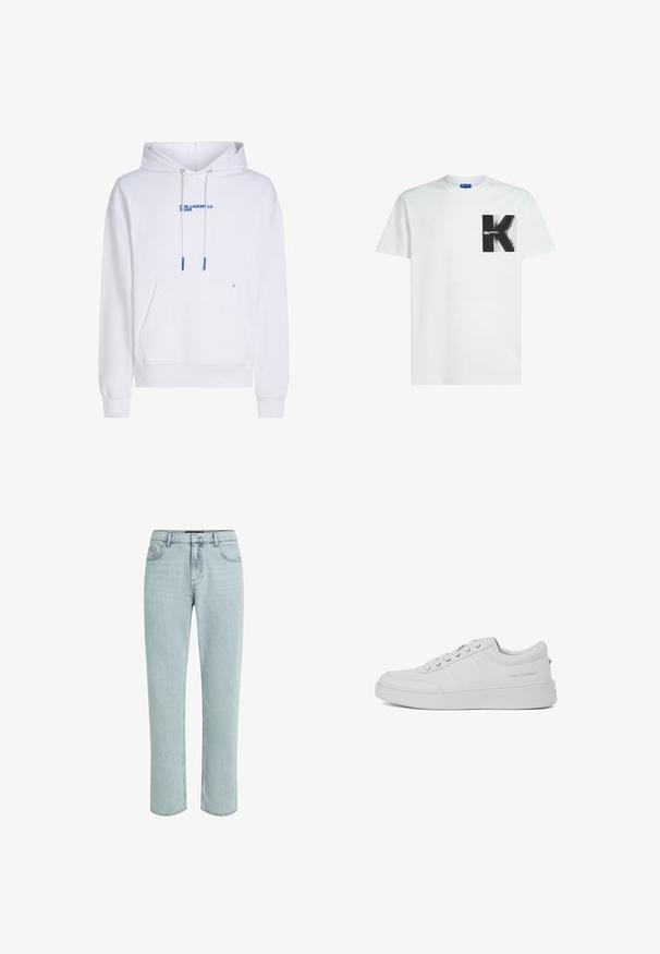 Witte hoodie met een voorzak, trekkoorden en blauwe logo-tekst. Zacht materiaal, geribbelde boorden en zoom, met een minimalistisch ontwerp.; Witte t-shirt met korte mouwen en zwart vierkant logo met een gestileerde "K" en de tekst "Karl Lagerfeld Jeans" op de borst.; KARL LAGERFELD DISNEY STRAIGHT-FIT - Straight leg jeans - light blue denim; Witte leren sneakers met een klassiek low-top ontwerp, platte zool en subtiele merklogo op de hiel. Voorzien van vijf metalen oogjes voor veters.