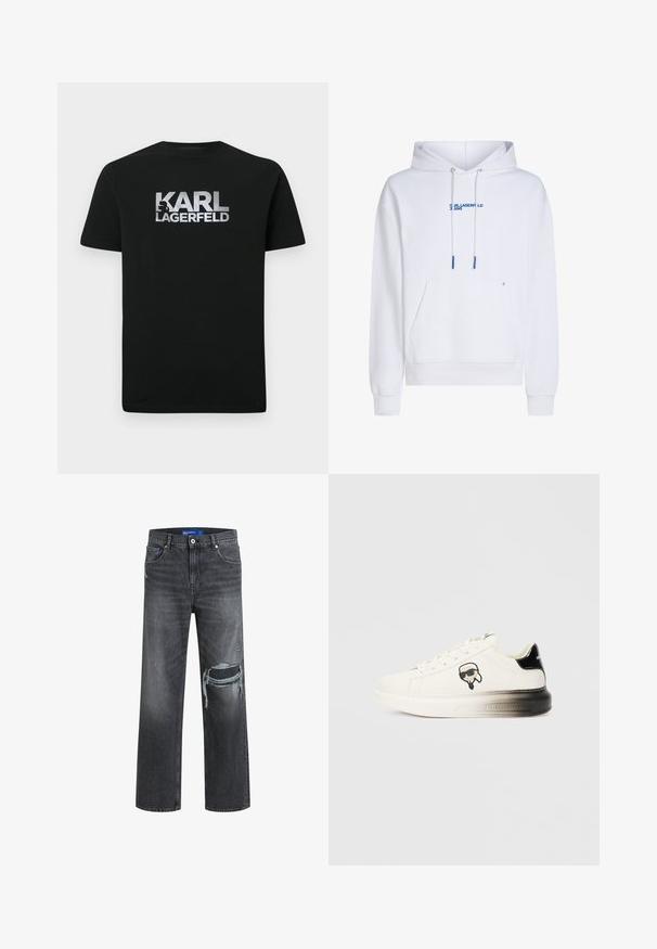 Hvid hættetrøje med frontlomme, snoretræk og blå logo tekst. Blødt materiale, ribstrikkede manchetter og kant, med et minimalistisk design.; Sort bomuld t-shirt med et sølvfarvet print af logoet "KARL LAGERFELD" og en stiliseret silhuet. Korte ærmer og rund halsudskæring.; Sorte denim jeans med en afslappet pasform, der har slidte detaljer og brede ben. Teksturen er glat med diskret falming.; Hvide sneakers med en glat læderoverdel, sorte accenter på hælen og et tegneserie-logo. Har en kraftig, let gennemsigtig sål.