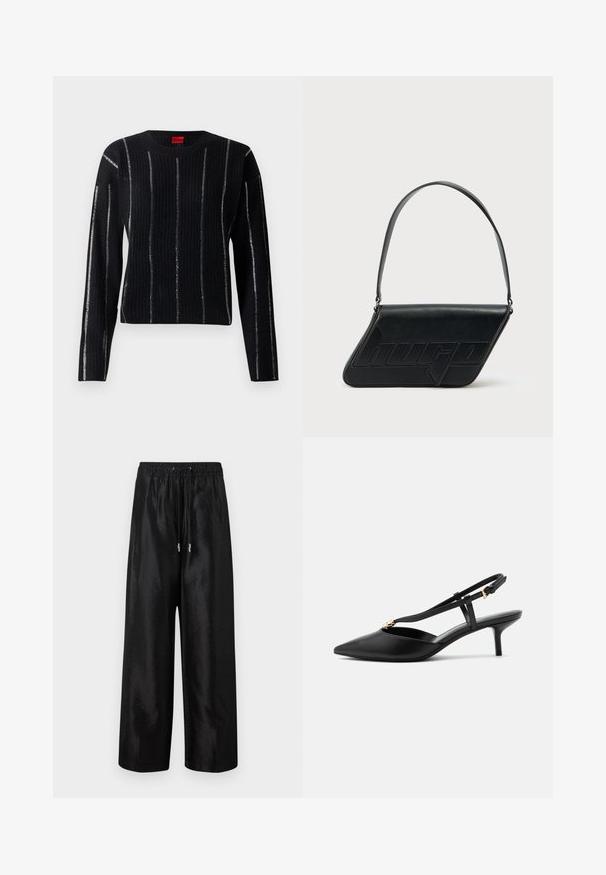 Pull noir côtelé avec manches longues, col rond et rayures verticales argentées. Le tissu a une texture douce et arbore une étiquette de marque au niveau du col.; Pantalons larges noirs en tissu brillant avec une taille élastique et un cordon de serrage, ornés d'accents en métal argenté.; Escarpin slingback en cuir noir à petit talon kitten, bout pointu, fine bride en T, boucle réglable et petite décoration dorée sur la bride.; Sac d'épaule en cuir noir de forme triangulaire, avec un logo embossé et une seule bandoulière réglable. Design minimaliste avec une texture lisse.