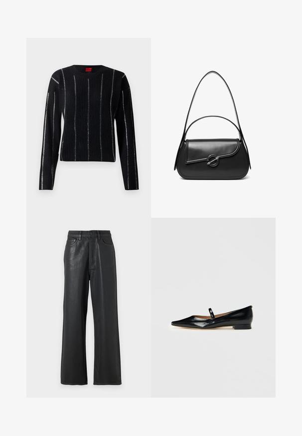 Sort ribbet sweater med lange ærmer, rund hals og sølvfarvede lodrette striber. Stoffet har en blød tekstur og har et mærkelabel ved halsudskæringen.; Sorte vide benbukser lavet af et blankt materiale. Har en knaplukning, bæltestropper og forlommer med en glat tekstur.; Sorte patenterede læder Mary Jane flade sko med spids tå, én rem og lav hæl på ensfarvet baggrund.; Sort skuldertaske i læder med en buet klap, der er fastgjort med en rund metal spænde, og en slank, justerbar rem.