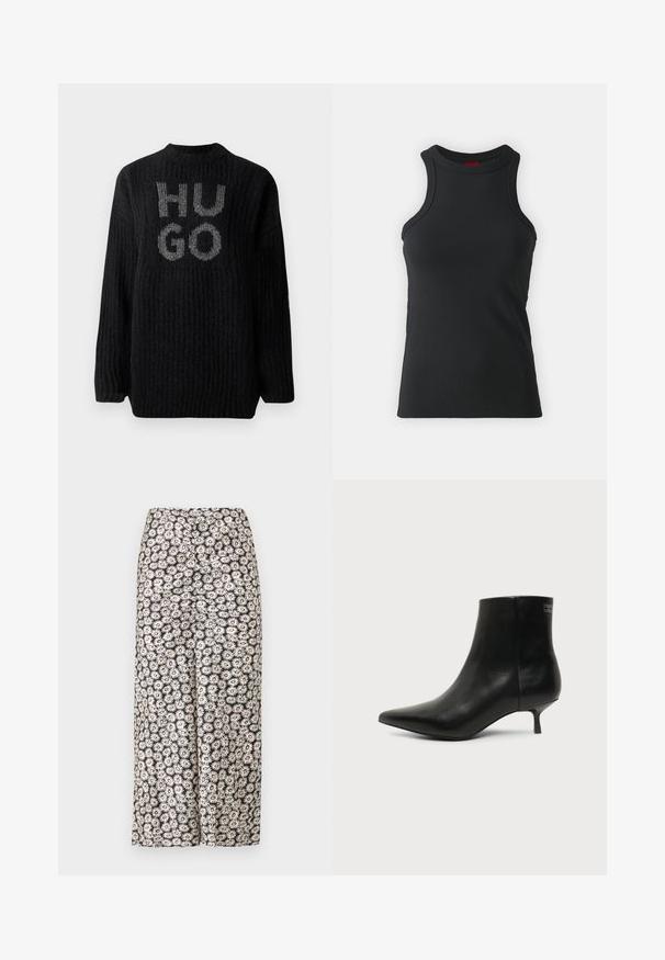 Pull en tricot noir à mailles épaisses avec texture côtelée, col rond et logo "HUGO" en argent à l'avant. Coupe oversize avec manches longues.; Débardeur sans manches noir en tissu extensible. Présente un col rond et une silhouette ajustée avec des détails de couture minimaux.; Pantalons larges floraux avec un fond noir orné de marguerites blanches et d'accents rouges, fabriqués en tissu léger avec une texture lisse.; Bottine en cuir noir avec bout pointu et petit talon kitten sur fond clair, vue côté extérieur.