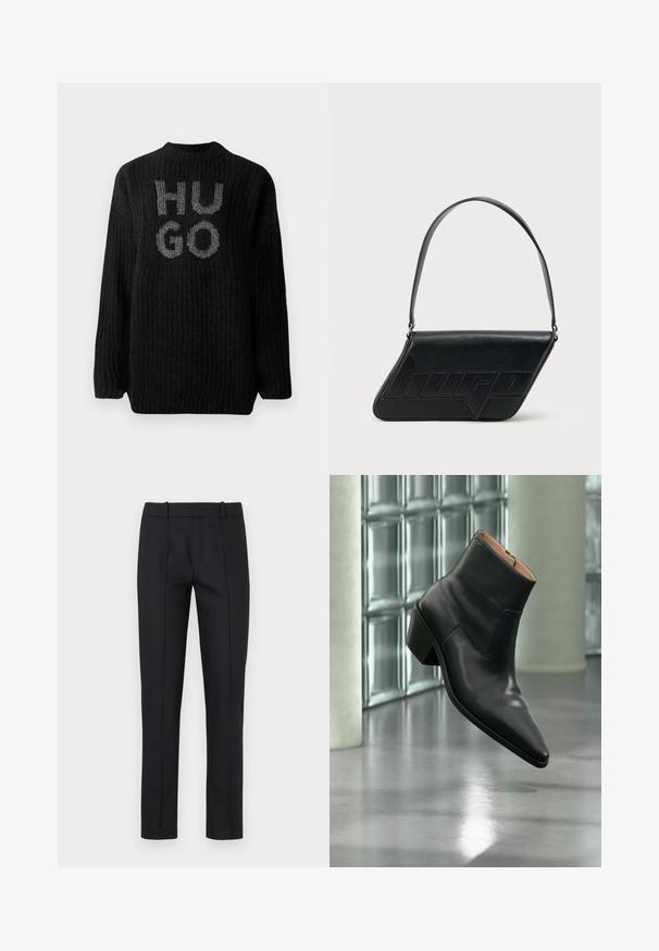 Pull en tricot noir à mailles épaisses avec texture côtelée, col rond et logo "HUGO" en argent à l'avant. Coupe oversize avec manches longues.; Pantalons noirs ajustés avec une coupe slim, devant plat et deux poches arrière. Fabriqués en tissu lisse avec un subtil détail de couture le long des coutures.; Bottine en cuir noir avec un bout pointu et un talon carré lévitant au-dessus d'un sol gris réfléchissant près d'un mur en blocs de verre.; Sac d'épaule en cuir noir de forme triangulaire, avec un logo embossé et une seule bandoulière réglable. Design minimaliste avec une texture lisse.