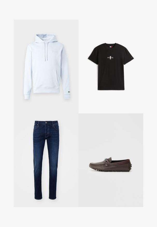 Hellblauer Hoodie aus weichem Stoff, mit Kängurutasche, verstellbaren Kordeln und einem geprägten Logo auf der Brust.; Schwarzes T-Shirt mit kurzen Ärmeln mit dem Text "New York City" und einer vertikalen Grafik in der Mitte, mit kleinem Logo am linken Ärmel.; Dunkelblaue Slim-Fit Denim-Jeans mit Knopf vorne, Taschen, Gürtelschlaufen und dezenten Ausbleichungen an den Beinen.; Braune Leder-Schlupfschuhe mit strukturiertem Finish, dekorativem Schnallenbesatz und Gummisohle mit strukturierten Grip-Details.