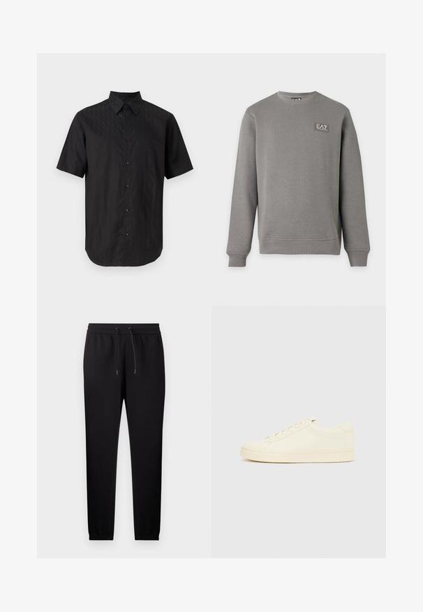 Sweat-shirt gris à manches longues avec col rond, poignets et ourlet côtelés, comportant un petit patch logo EA7 Emporio Armani sur la partie supérieure gauche de la poitrine.; Chemise noire à manches courtes avec un motif discret en forme de losange et un col classique, présentée sur un fond clair uni.; Pantalon de survêtement noir fuselé avec taille élastique et cordon de serrage, doté de chevilles resserrées et de poches latérales.; Baskets couleur crème avec une tige en cuir lisse, bout arrondi, laçage à l'avant et semelle en caoutchouc texturée. Design minimaliste, sans logo.