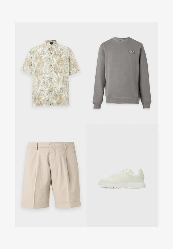 Sweat-shirt gris à manches longues avec col rond, poignets et ourlet côtelés, comportant un petit patch logo EA7 Emporio Armani sur la partie supérieure gauche de la poitrine.; Chemise à manches courtes en beige clair avec un motif de feuilles de palmier. Dotée d'un col, d'une fermeture à boutons et d'une texture de tissu douce.; Shorts beige jusqu'au genou avec passants de ceinture, poches latérales, plis sur le devant et ourlet retroussé.; Baskets blanches en cuir avec un dessus texturé, bout rond, semelle plate blanche et lacets ton sur ton. Marque discrète sur la languette.