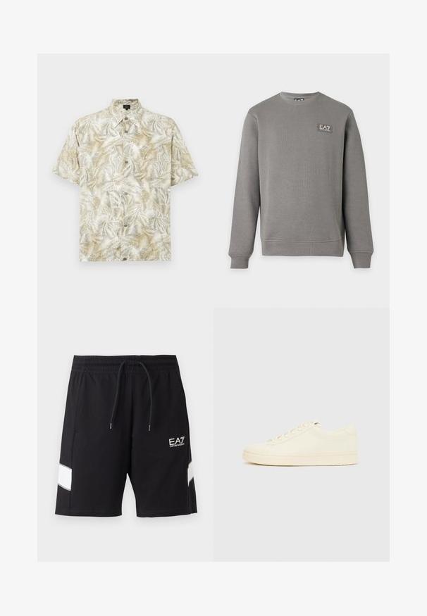 Sweat-shirt gris à manches longues avec col rond, poignets et ourlet côtelés, comportant un petit patch logo EA7 Emporio Armani sur la partie supérieure gauche de la poitrine.; Chemise à manches courtes en beige clair avec un motif de feuilles de palmier. Dotée d'un col, d'une fermeture à boutons et d'une texture de tissu douce.; Short de sport noir avec taille élastique et cordon, bandes blanches inclinées sur les côtés et logo blanc EA7 Emporio Armani sur la jambe droite.; Baskets couleur crème avec une tige en cuir lisse, bout arrondi, laçage à l'avant et semelle en caoutchouc texturée. Design minimaliste, sans logo.