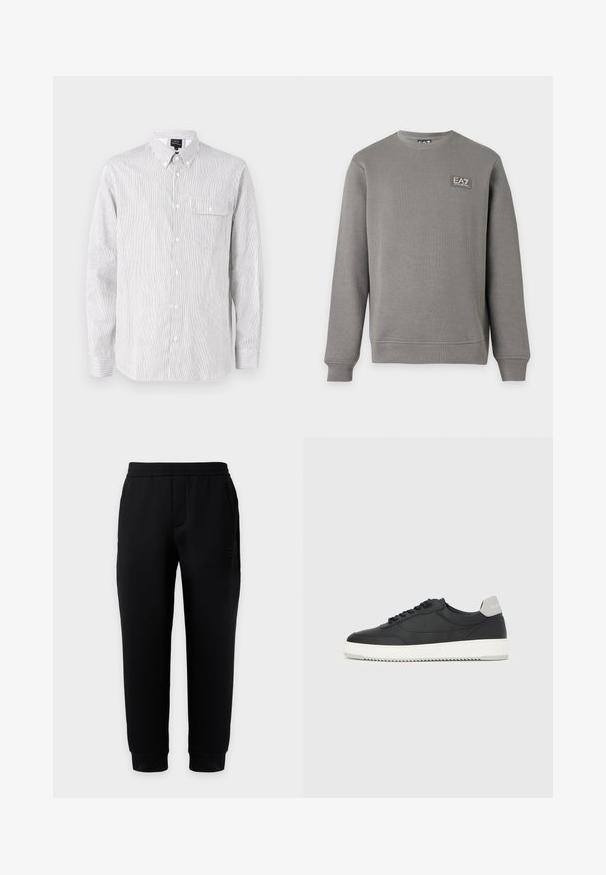 Sweat-shirt gris à manches longues avec col rond, poignets et ourlet côtelés, comportant un petit patch logo EA7 Emporio Armani sur la partie supérieure gauche de la poitrine.; Chemise à rayures blanche et marine, fabriquée en tissu léger. Caractéristiques : col, manches longues et poches poitrine.; Pantalon de jogging noir ajusté avec taille et poignets élastiques, poches latérales et logo discret sur la cuisse droite sur fond uni.; Baskets basses noires avec semelle blanche et languette grise au talon, vue de profil sur un fond blanc uni.