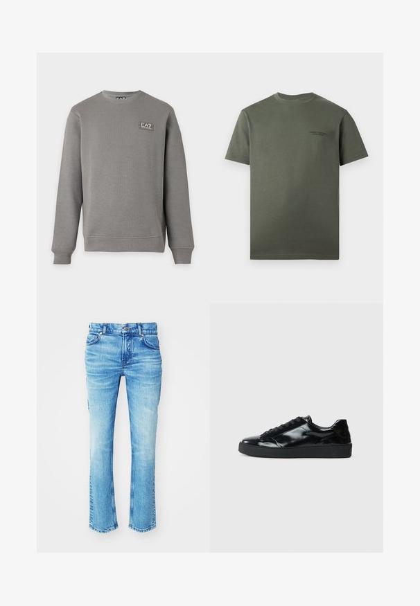Sweat-shirt gris à manches longues avec col rond, poignets et ourlet côtelés, comportant un petit patch logo EA7 Emporio Armani sur la partie supérieure gauche de la poitrine.; T-shirt uni vert foncé à manches courtes avec col rond et petit logo texte subtil sur le côté gauche de la poitrine.; Jean en denim bleu avec un lavage délavé, design à jambe droite et ourlet brut. Présente une coupe cinq poches et des détails en métal sur les boutons.; Baskets en cuir verni noir avec un bout arrondi, un laçage, une semelle en caoutchouc texturé et une finition lisse.