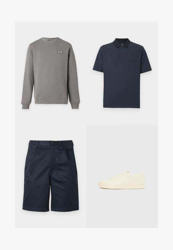 Sweat-shirt gris à manches longues avec col rond, poignets et ourlet côtelés, comportant un petit patch logo EA7 Emporio Armani sur la partie supérieure gauche de la poitrine.; Polo à manches courtes bleu marine avec un motif géométrique bleu clair subtil et un col uni foncé, posé à plat sur un fond blanc.; Shorts bleu marine ajustés avec bouton sur le devant, passants pour ceinture et poches latérales, présentés sur un fond uni clair.; Baskets couleur crème avec une tige en cuir lisse, bout arrondi, laçage à l'avant et semelle en caoutchouc texturée. Design minimaliste, sans logo.