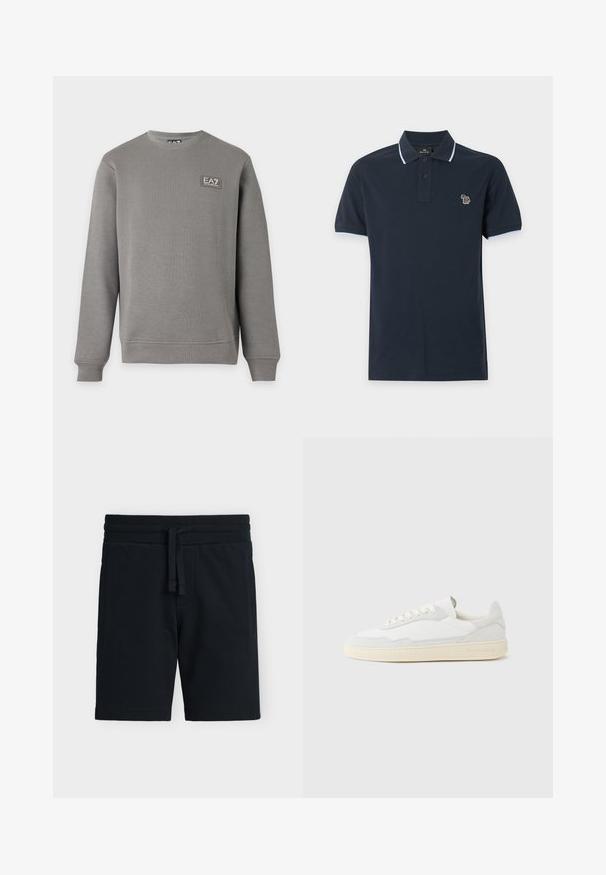 Sweat-shirt gris à manches longues avec col rond, poignets et ourlet côtelés, comportant un petit patch logo EA7 Emporio Armani sur la partie supérieure gauche de la poitrine.; Polo bleu marine à manches courtes avec bordure bleu clair au col et aux manches, deux boutons, et un petit logo zèbre multicolore sur la poitrine.; Shorts en maille texturée noire avec taille élastique et cordon, équipés de poches latérales, présentés à plat sur fond blanc.; Baskets blanches avec dessus en daim et cuir texturé. Caractérisées par un bout arrondi, une fermeture à lacets et une semelle en caoutchouc beige contrastante.