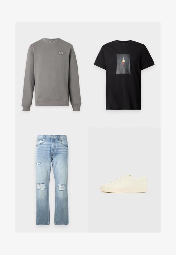 Grauer Sweatshirt mit langen Ärmeln und Rundhalsausschnitt, mit gerippten Bündchen und Saum, mit einem kleinen EA7 Emporio Armani Logo-Patch auf der oberen linken Brust.; Schwarzes Baumwoll-T-Shirt mit einem gedruckten Bild des Empire State Buildings bei Nacht, das bunte Lichter und eine detaillierte Stadtlandschaft hervorhebt.; Hellblaue Denim-Jeans mit abgetragenen Rissen an beiden Knien und einem kleinen Riss am oberen linken Oberschenkel, klassischer Fünf-Taschen-Stil.; Cremefarbener Sneaker mit glattem Lederoberteil, abgerundeter Zehenpartie, Schnürung vorne und strukturierter Gummisohle. Minimalistisches Design, ohne Logos.