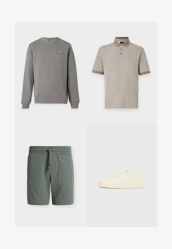 Sweat-shirt gris à manches longues avec col rond, poignets et ourlet côtelés, comportant un petit patch logo EA7 Emporio Armani sur la partie supérieure gauche de la poitrine.; Polo à manches courtes en tissu beige avec un collier marron et un design à motifs comportant des formes en zigzag répétitives dans des tons sombres.; Shorts vert olive à texture tricotée avec cordon de serrage, taille élastique et poches latérales, présentés sur un fond uni.; Baskets couleur crème avec une tige en cuir lisse, bout arrondi, laçage à l'avant et semelle en caoutchouc texturée. Design minimaliste, sans logo.