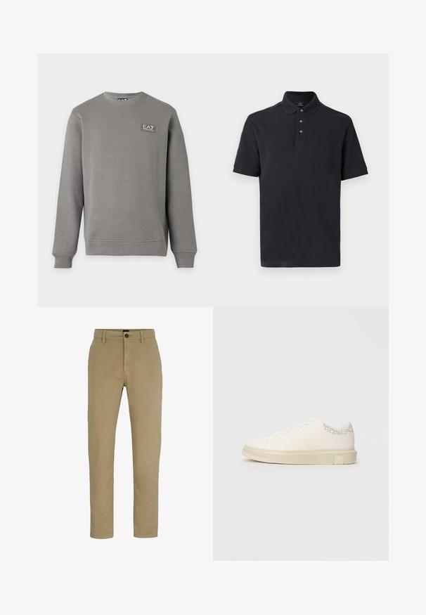 Sudadera gris de manga larga y cuello redondo con puños y bajo acanalados, con un pequeño parche con el logo EA7 Emporio Armani en la parte superior izquierda del pecho.; Polo negro de algodón, con cuello clásico, tapeta con tres botones y mangas cortas, con una textura suave.; Chinos de algodón beige con un ajuste slim, frente plano y cierre de botón. Presenta trabillas para cinturón y bolsillos laterales para mayor funcionalidad.; Zapatilla blanca con una parte superior de lona suave, cordones planos, collar acolchado y un acento gris texturizado en la parte trasera. Suela de goma gruesa.