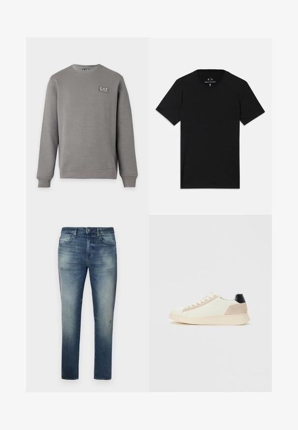Hall pika varrukaga lahtine pusa soonikkoes varrukaotste ja äärega, millel on väike EA7 Emporio Armani logo märk ülemisel vasakul rinnal.; Mustmust t-särk, mis on valmistatud puuvillast, lühikeste varrukatega, ümmarguse kaelusega ja sildiga, kus on brändi logo kaela sees.; Sinine denimist teksapüks, millel on tuhm disain, sirge jalgade kuju, viis taskut ja väike logo detail vööl, varustatud nupuga sulgemisega.; Madalema sneaker, off-white värviga, beežide suede aktsentidega, musta kanna tagusega, nööridega disainiga ja paksu kreemjat värvi tallaga.