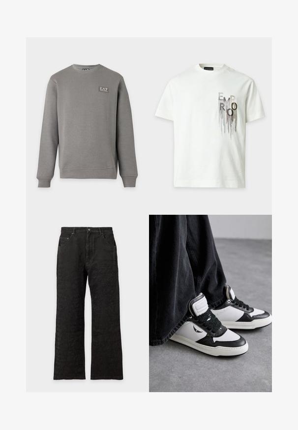 Grijze lange mouw crewneck-trui met geribbelde manchetten en zoom, met een klein EA7 Emporio Armani logopatch op de bovenste linkerborst.; Witte T-shirt met korte mouwen met verticale druppelende letters die "EMPORIO ARMANI" spellen op het linkerborstgebied.; Zwarte rechte jeans met voorzakken, knoopsluiting en een subtiel getextureerd patroon door de hele stof.; Zwart-witte hoge sneakers met een gestructureerde zwarte vetersluiting, gemaakt van leer en synthetisch materiaal, met een logo aan de zijkant.