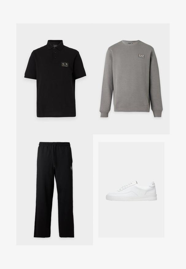 Sweat-shirt gris à manches longues avec col rond, poignets et ourlet côtelés, comportant un petit patch logo EA7 Emporio Armani sur la partie supérieure gauche de la poitrine.; Polo noir en coton, avec un col classique, trois boutons et un patch logo rectangulaire en or et noir.; Pantalon de survêtement noir coupe décontractée avec ceinture élastique et cordon, avec un petit patch logo sur la cuisse droite.; Baskets basses blanches avec un design à lacets, dessus en cuir lisse et semelle épaisse, montrées de profil sur un fond uni.