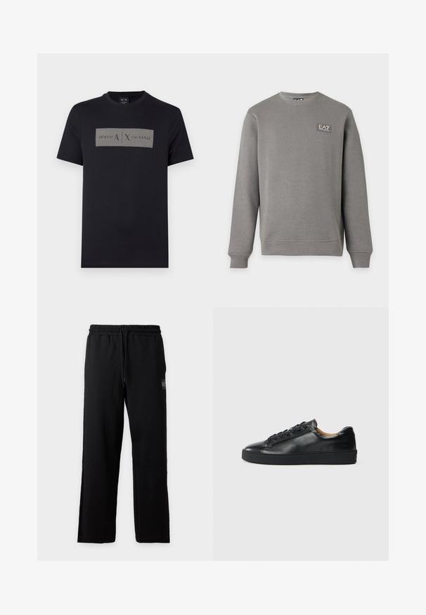 Sweat-shirt gris à manches longues avec col rond, poignets et ourlet côtelés, comportant un petit patch logo EA7 Emporio Armani sur la partie supérieure gauche de la poitrine.; T-shirt noir à manches courtes avec col rond, arborant un graphisme rectangulaire blanc avec des lignes diagonales et le logo "A|X" centré sur la poitrine.; Pantalon de survêtement noir coupe décontractée avec ceinture élastique et cordon, avec un petit patch logo sur la cuisse droite.; Baskets en cuir noir avec une texture lisse, bout rond et fermeture à lacets. Comprend une semelle en caoutchouc épaisse et un minimum de détails de marque.