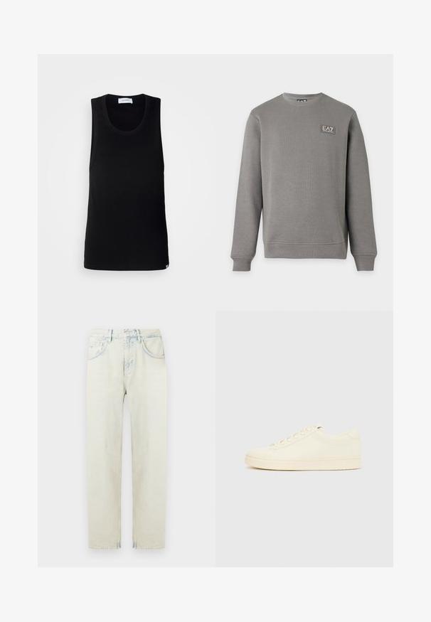 Grå langærmet sweatshirt med rund hals, ribkanter ved ærmer og kant, med et lille EA7 Emporio Armani logo patch på øverste venstre bryst.; Sort ærmeløs tanktop lavet af bomuld, med en rund halsudskæring og et enkelt design med en diskret mærkeetiket ved kanten.; Lyseblå denimjeans med afslappet pasform, fem-lomme design og lige ben. Har falmede områder og syningsdetaljer.; Sneaker i cremefarve med en glat læderoverdel, rundet tå, snørelukning foran og en tekstureret gummisål. Minimalistisk design uden logoer.