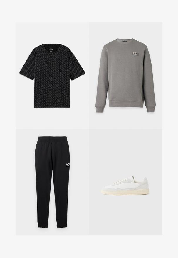 Šedá mikina s dlhými rukávmi a okrúhlym výstrihom, s rebrovanými manžetami a lemem, s malou nášivkou s logom EA7 Emporio Armani na hornej ľavej strane hrudníka.; Čierne tričko s textúrovaným vzorom striedajúcich sa log 'A', krátke rukávy a okrúhly výstrih. Vyrobené z ľahkého materiálu.; Čierne joggingové nohavice vyrobené z jemnej látky, s elastickým pásom, bočnými vreckami a manžetami na koncoch. Na jednej strane s bielym logom.; Biela teniska s jemne štruktúrovaným zvrškom zo semišu a kože. Má zaoblenú špičku, viazanie na šnúrky a kontrastnú béžovú gumovú podrážku.