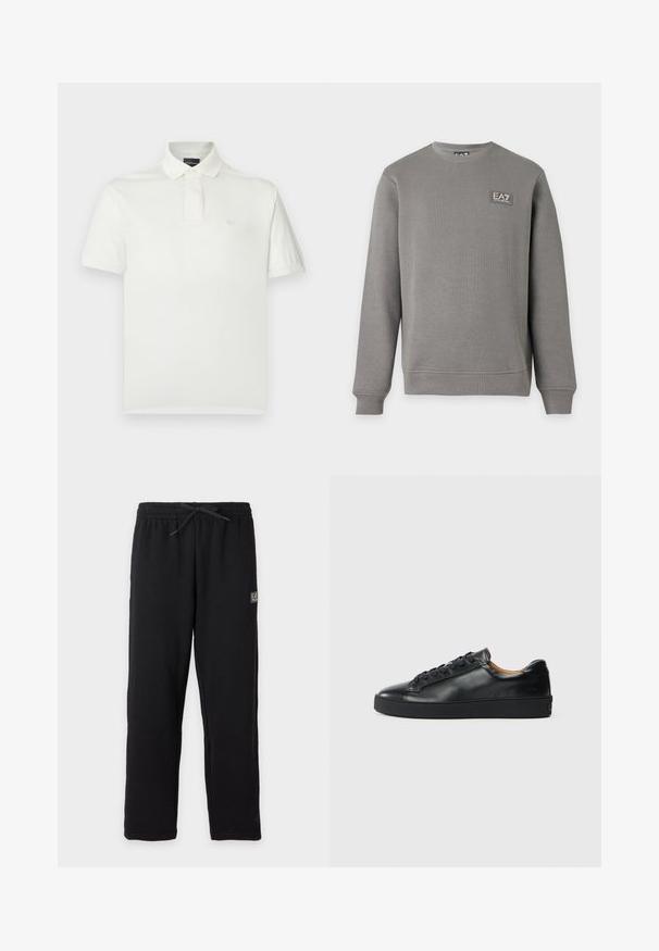 Sweat-shirt gris à manches longues avec col rond, poignets et ourlet côtelés, comportant un petit patch logo EA7 Emporio Armani sur la partie supérieure gauche de la poitrine.; Polo blanc en coton doux, doté d'un col classique, de manches courtes et d'un petit logo sur la poitrine. Texture lisse.; Pantalon de survêtement noir avec taille élastique et cordon, avec un petit patch logo EA7 rectangulaire sur la partie supérieure de la cuisse gauche.; Baskets en cuir noir avec une texture lisse, bout rond et fermeture à lacets. Comprend une semelle en caoutchouc épaisse et un minimum de détails de marque.