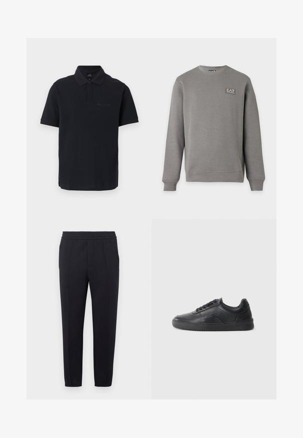 Sweat-shirt gris à manches longues avec col rond, poignets et ourlet côtelés, comportant un petit patch logo EA7 Emporio Armani sur la partie supérieure gauche de la poitrine.; Polo noir à manches courtes avec col et logo discret Armani Exchange sur le côté gauche de la poitrine.; Pantalon de jogging noir avec une taille élastique, des jambes fuselées, des poches latérales et une texture de tissu lisse. Présente des détails cousus le long des coutures.; Chaussure de sport en cuir noir avec une finition lisse, bout arrondi, panneau latéral texturé et lacets noirs. Présente une semelle en caoutchouc plate et un design minimaliste.