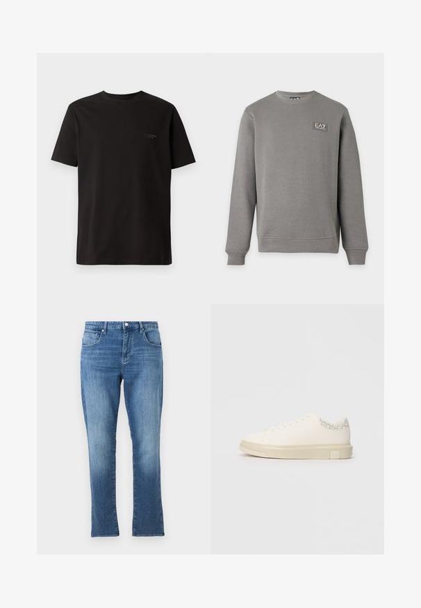 Grauer Sweatshirt mit langen Ärmeln und Rundhalsausschnitt, mit gerippten Bündchen und Saum, mit einem kleinen EA7 Emporio Armani Logo-Patch auf der oberen linken Brust.; Schwarzes T-Shirt mit kurzen Ärmeln aus Baumwolle. Hat einen Rundhalsausschnitt und dezente Markenlogo auf der linken Brustseite. Glatte Textur.; Blaue Jeans aus Denim mit geradem Bein, Vorderknopf- und Reißverschluss sowie Fünf-Taschen-Design, dargestellt vor einem schlichten hellen Hintergrund.; Weißer Sneaker mit einem glatten Obermaterial aus Canvas, flachen Schnürsenkeln, gepolstertem Kragen und einem strukturierten grauen Akzent an der Rückseite. Chunkige Gummisohle.