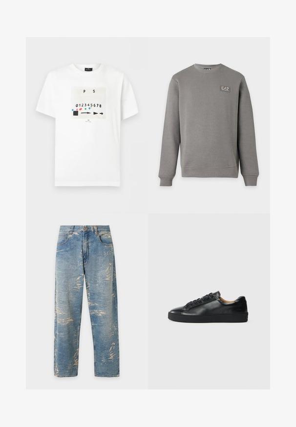 Sweat-shirt gris à manches longues avec col rond, poignets et ourlet côtelés, comportant un petit patch logo EA7 Emporio Armani sur la partie supérieure gauche de la poitrine.; T-shirt blanc à manches courtes avec un motif imprimé de chiffres de 0 à 8, des points colorés, des flèches noires et un petit texte "PS Paul Smith" au centre avant.; Jean bleu clair à jambes droites, taille haute avec des détails délavés et usés sur tout le tissu.; Baskets en cuir noir avec une texture lisse, bout rond et fermeture à lacets. Comprend une semelle en caoutchouc épaisse et un minimum de détails de marque.