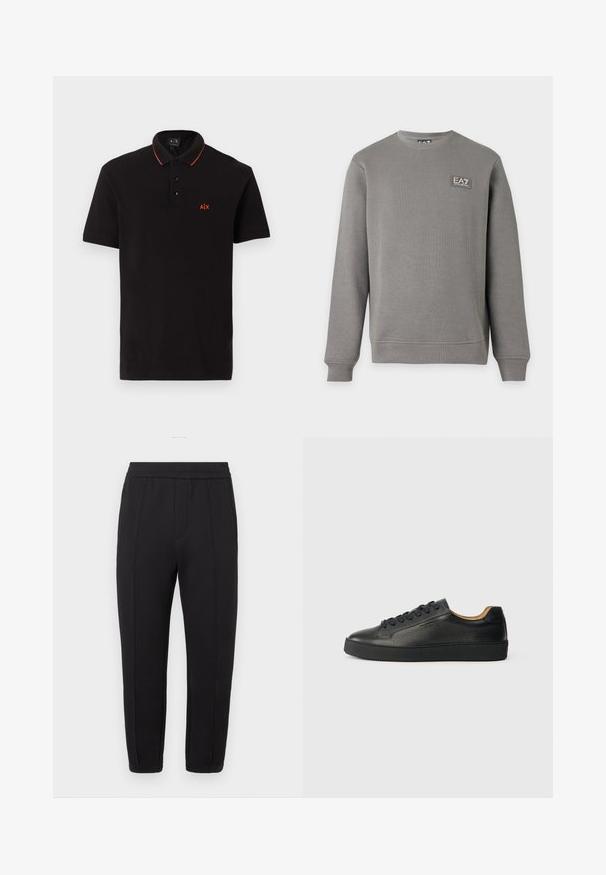 Sweat-shirt gris à manches longues avec col rond, poignets et ourlet côtelés, comportant un petit patch logo EA7 Emporio Armani sur la partie supérieure gauche de la poitrine.; Polo noir à manches courtes avec trois boutons, bordure orange sur le col et petit logo A|X orange sur la poitrine gauche.; Pantalon de jogging noir avec taille élastique, coupe fuselée, plis à l'avant, poches latérales et poignets élastiques aux chevilles.; Baskets basses en cuir noir avec surface texturée, lacets noirs et semelle en caoutchouc épaisse, présentées de côté sur un fond clair.